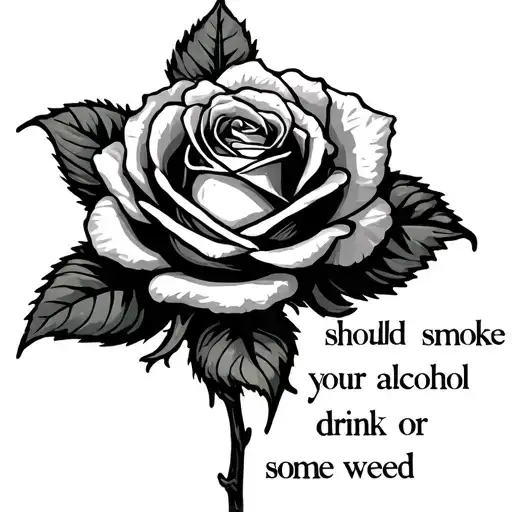 a rose with the phrase "should i smoke your alcohol or drink some weed" written underneath tattoo design idea