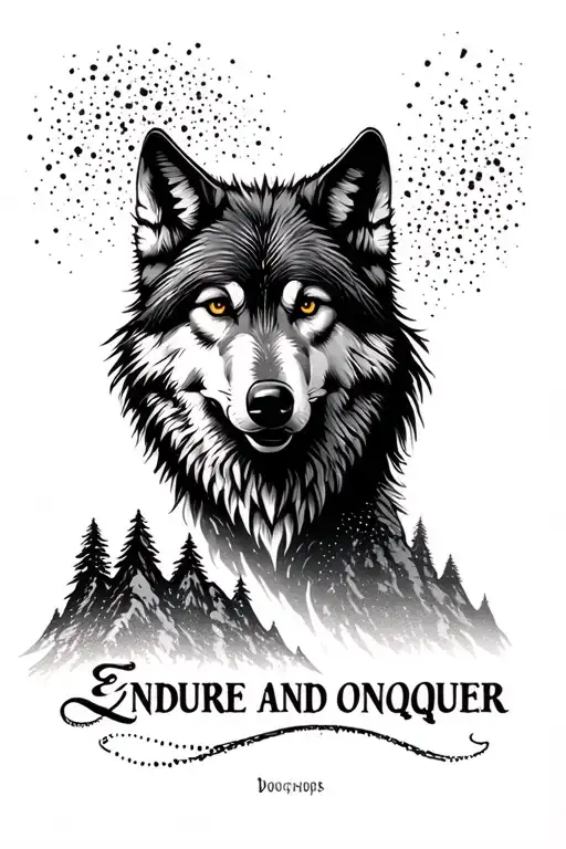 Design me a tattoo with wolf moutains and the quotes endure and conquer  tattoo design idea