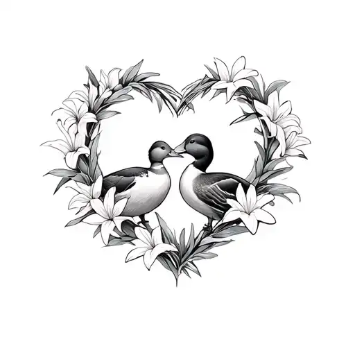 two mallard ducks cuddling inside a wreath of lily flowers in the shape of a heart tattoo design idea