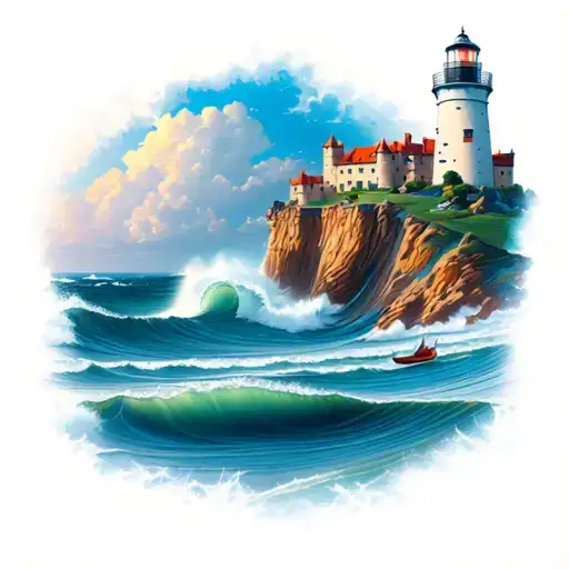 waves of nazare with castle lighthouse  tattoo design idea