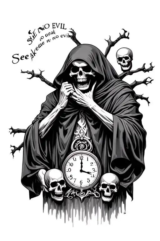grim reaper with skulls coming out of clothes. skulls are the see no evil speak no evil hear no evil. broken clock tattoo design idea