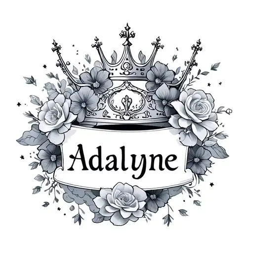 Adalyne name with crown adorned flowers surrounded and clouds tattoo design idea