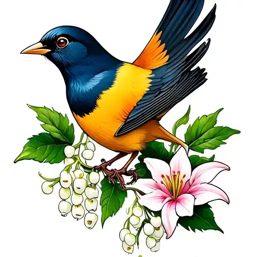 torogoz bird with hawthorn and lily of the valley flower tattoo design idea
