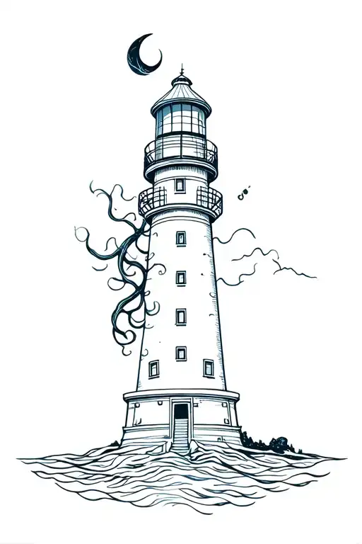 eldritch themed lighthouse with tendrils  tattoo design idea