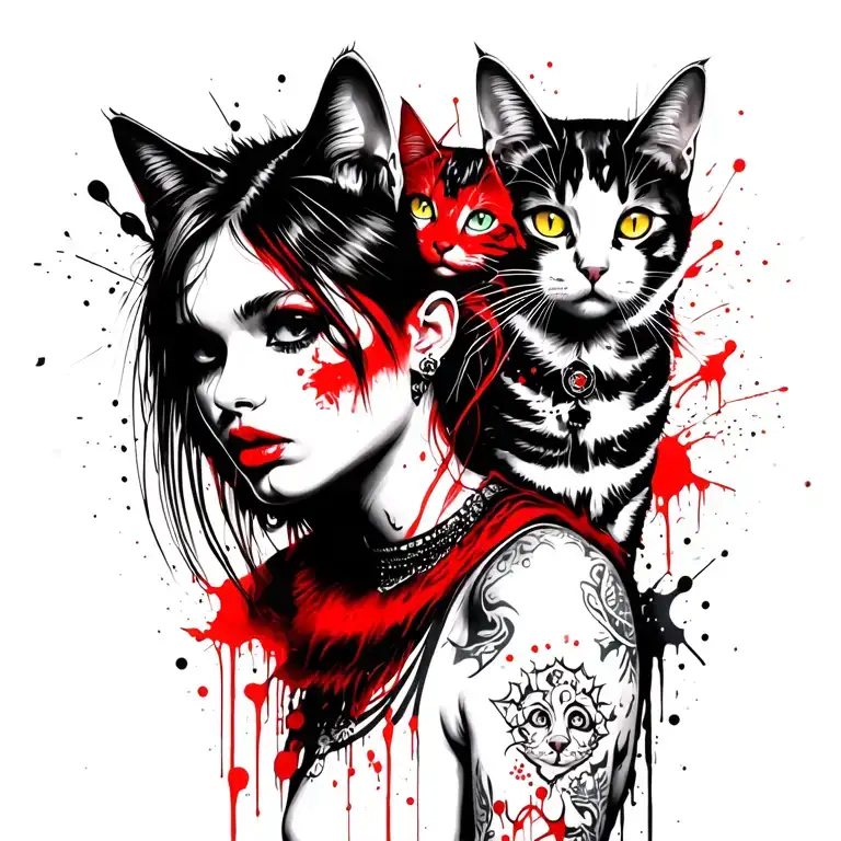 punk rock girl with gang of cats tattoo design idea