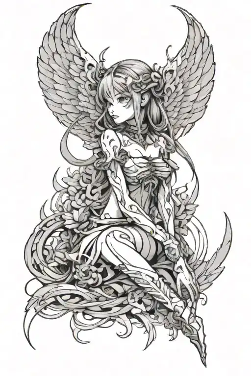 Freehand Lines Y2k Bone Spine Anime Girl Blood Wings Trible Tattoo tattoo design idea