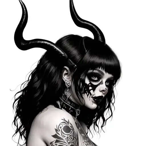 goth girl with nose ring, devil horns on head and choker  tattoo design idea