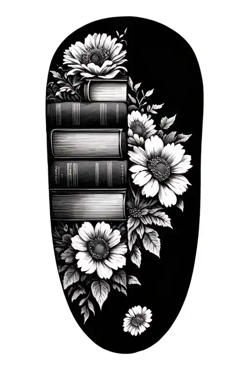stack of books behind a half sleeve of flowers tattoo design idea