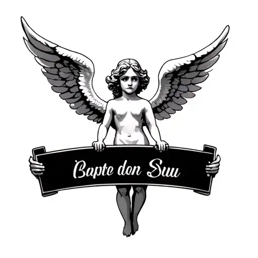 cupid angel wings flying holding a sign tattoo design idea