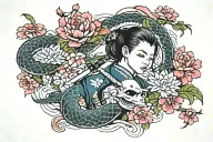 katana with a snake and flowers instead of eyelashes tattoo design idea