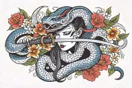 katana with a snake and flowers instead of eyelashes tattoo design idea