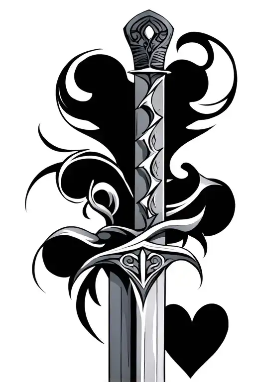 a sword with a heart-shaped hilt tribal tattoo design idea