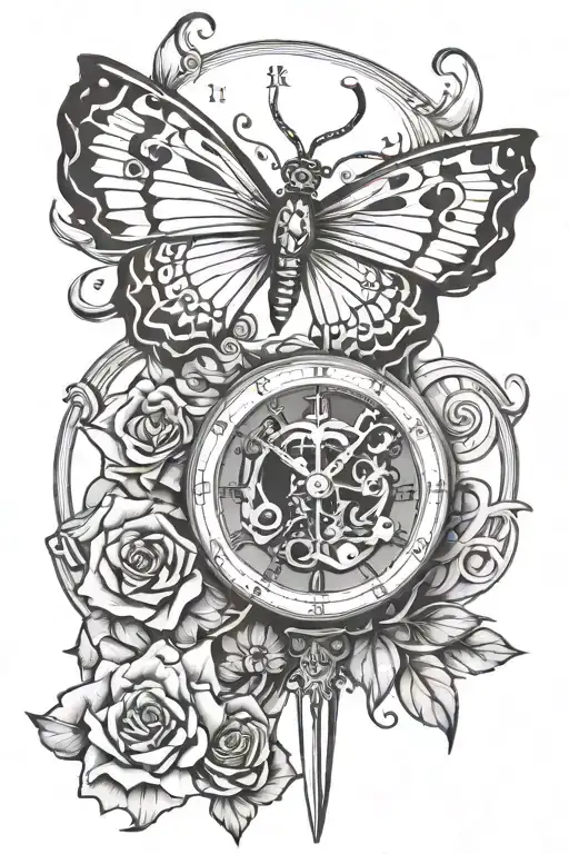 butterfly sword clock tattoo design idea