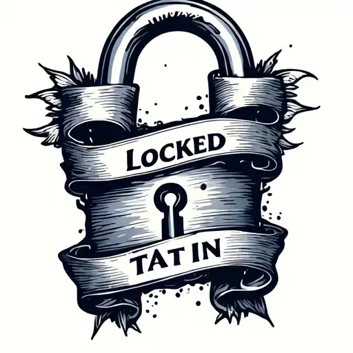 An american traditional padlock w a banner that says LOCKED IN tattoo design idea