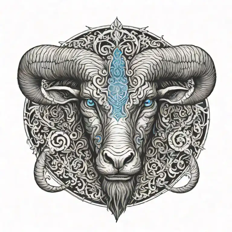 demonic aries with blue eyes looking straight tattoo design idea