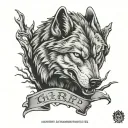 wolf snarling with "R.I.P. Gary "Pops" Nessmith" written below it with trees surrounding it tattoo design idea