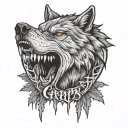 wolf snarling with "R.I.P. Gary "Pops" Nessmith" written below it with trees surrounding it tattoo design idea