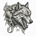 wolf snarling with "R.I.P. Gary "Pops" Nessmith" written below it with trees surrounding it tattoo design idea