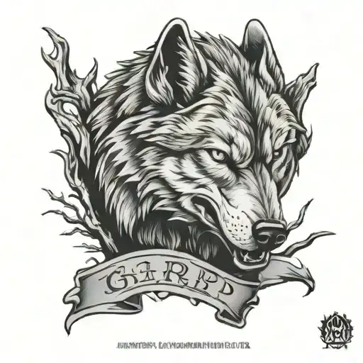 wolf snarling with "R.I.P. Gary "Pops" Nessmith" written below it with trees surrounding it tattoo design idea