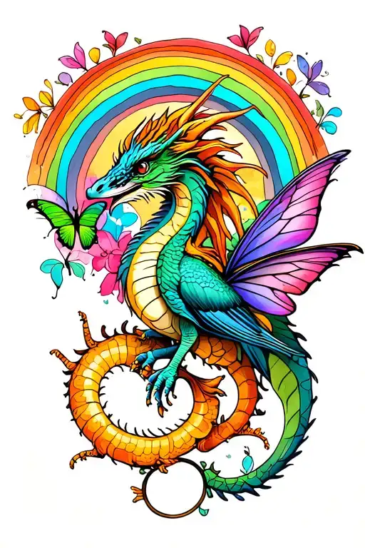 Dragon, rainbow, butterfly, fairy wren, fairy & PI symbol tattoo design idea