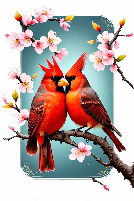 Tattoo design of two cardinals perched on a single akebono cherry blossom branch, facing each other in an intimate pose tattoo design idea