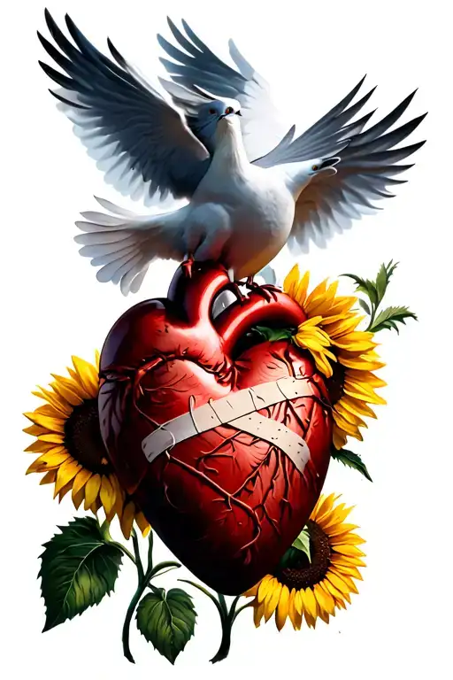orange heart with bandages on it and doves and sunflower tattoo design idea