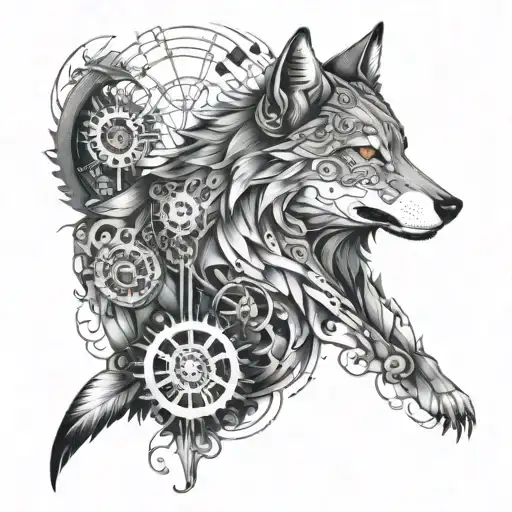 A tattoo design featuring a wolf and a dove surrounded by intricate mechanical details, representing the harmony between nature and technology in your life tattoo design idea