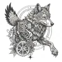 A tattoo design featuring a wolf and a dove surrounded by intricate mechanical details, representing the harmony between nature and technology in your life tattoo design idea