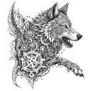 A tattoo design featuring a wolf and a dove surrounded by intricate mechanical details, representing the harmony between nature and technology in your life tattoo design idea