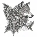 A tattoo design featuring a wolf and a dove surrounded by intricate mechanical details, representing the harmony between nature and technology in your life tattoo design idea