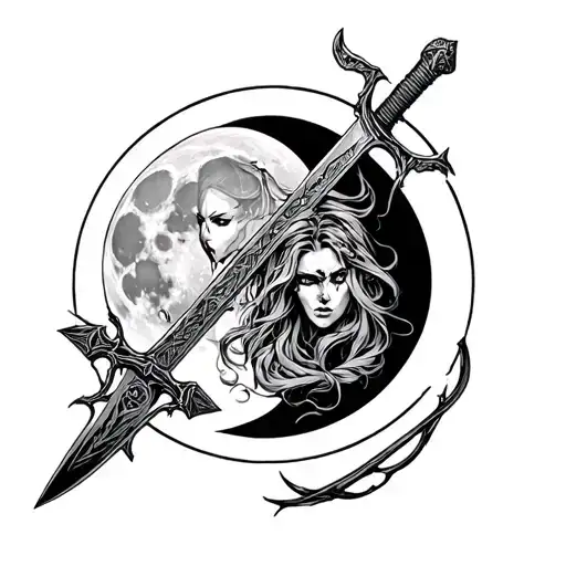 lilith of a Monster Moon and a sword intertwined tattoo design idea