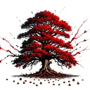 An oak tree that look old and sacred surrounded by acorns scattered across the ground being struck by a single lightning tattoo design idea