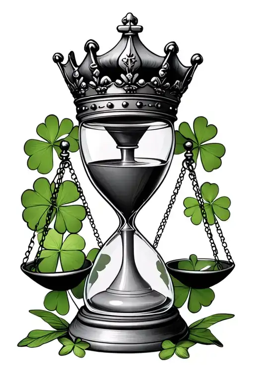 hour glass chess king crown and 4 leaf clover surrounding on the bottom put a balance  scale  tattoo design idea