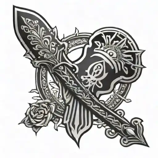 a thin sharp sword with a hamsa sign on the top of the handle tattoo design idea