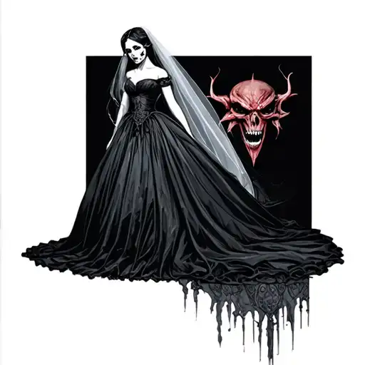 Daughter of death in a black wedding dress with a white face of a demon tattoo design idea