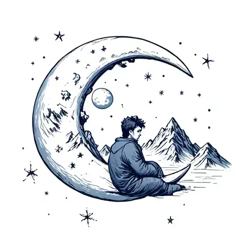A sitting young man on a crescent moon against the backdrop of snowy mountains and a starry sky. tattoo design idea