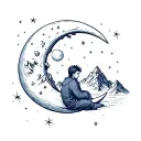 A sitting young man on a crescent moon against the backdrop of snowy mountains and a starry sky. tattoo design idea