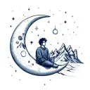 A sitting young man on a crescent moon against the backdrop of snowy mountains and a starry sky. tattoo design idea