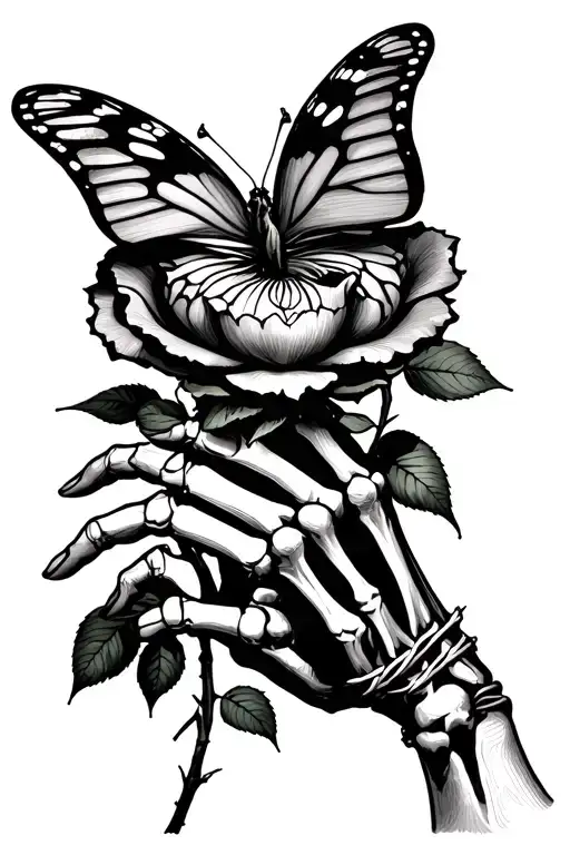butterfly resting on rose, rose being held by skeleton hand, wrapped in barbed wire tattoo design idea