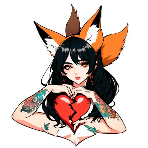 anime woman with black hair, tattoos, fox tail and fox ears stitching together a broken heart wrapped with fox tails tattoo design idea