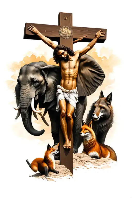 Jesus crucifixion scene with fox and elephant surrounded tattoo design idea