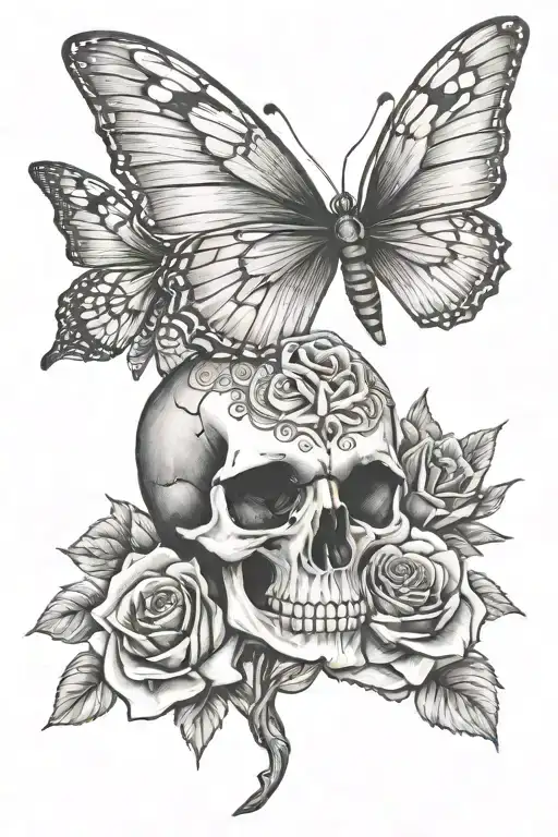 sunset doves skull biterfly rose tattoo design idea