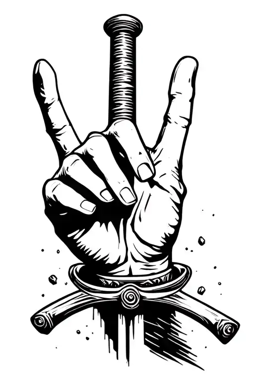 “Black and white tattoo-style illustration of a katana sword piercing through a hand making a rock sign. The katana has  tattoo design idea