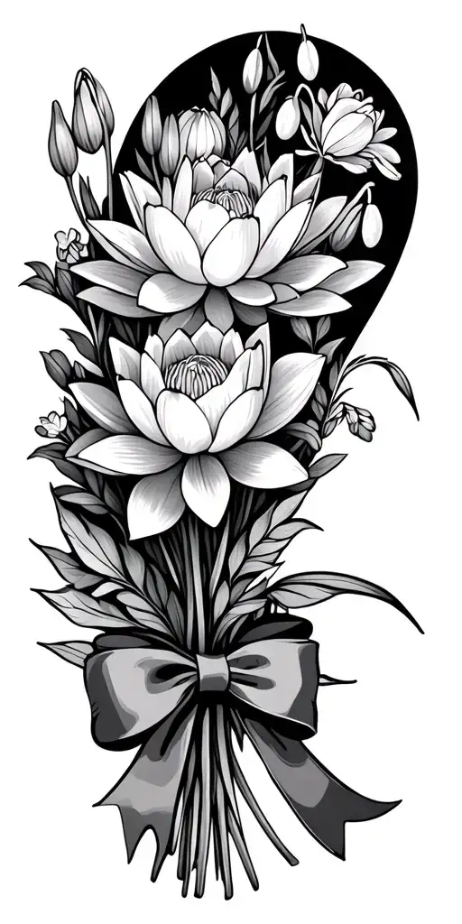 lotuses, snowdrops, Indian paint brushes, tulips, bluebonnets and rose flowers in a bouquet with bow arm sleeve tattoo design idea