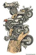 Wrist tattoo flatlined heartbeat leading into a line type city with a motorcycle speeding at a wall tattoo design idea