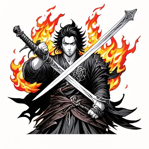 Ideas & Style:I want a Demon Slayer-themed outer forearm tattoo featuring Tanjiro in front, sword raised with flames ex tattoo design idea