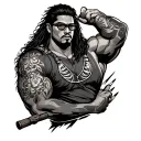 Filipino warrior mechanic with long hair, Hawaiian tribal  tattoo on right up arm, wearing glasses,chubby tattoo design idea