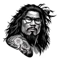 Filipino warrior mechanic with long hair, Hawaiian tribal  tattoo on right up arm, wearing glasses,chubby tattoo design idea