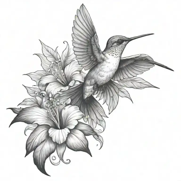 hummingbird with hibiscus and tropical leaves tattoo design idea