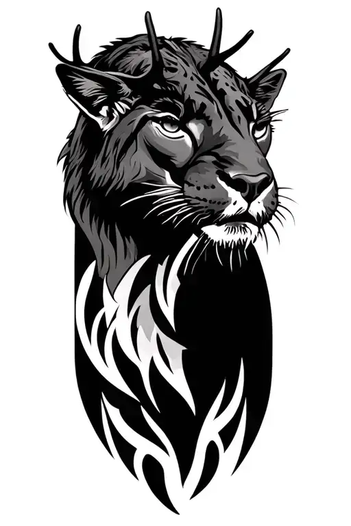 a scottish stag head and panther headface to face tattoo design idea